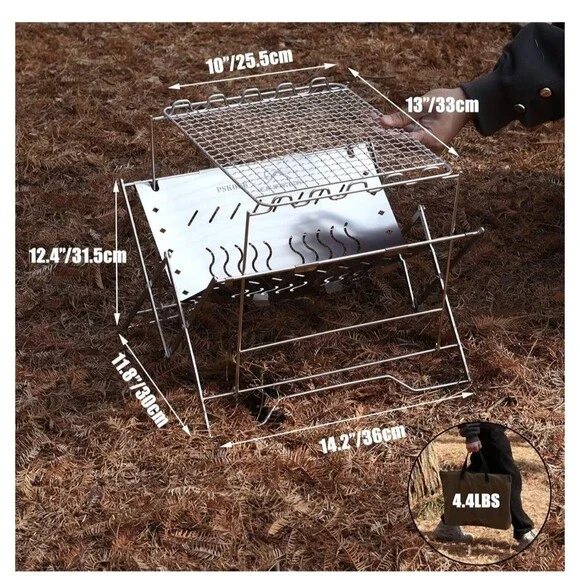 PSKOOK Camping Grill, Stainless Steel Portable Foldable Campfire Charcoal BBQ - Picture 2 of 10